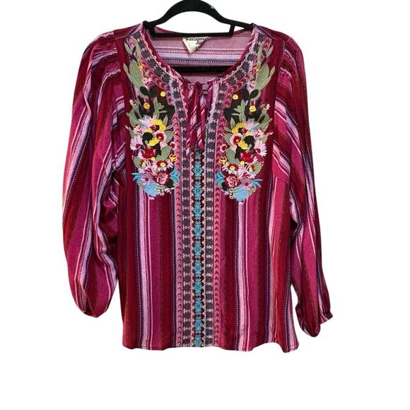 Savanna Jane Women's Blouse Sz S Pink Striped Floral Embroidered - Picture 1 of 6